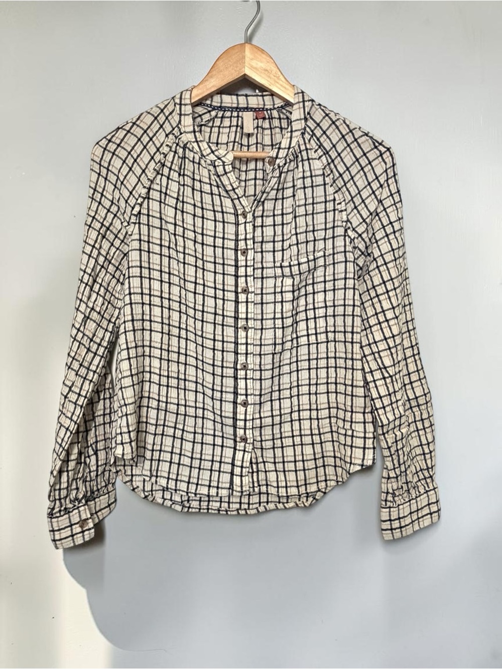 Pilcro Anthropologie Gauze Grid Plaid Button Down Mandarin Collar Ivory Black M